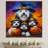 Old English Sheepdog Halloween Canvas Wall Art with Pumpkins Rustic Fall Farmhouse Decor for Cozy Autumn Homes on Ready to Hang 1.5" Thick Canvas Wrap, Floating Framed Canvas, Flat Rolled Canvas